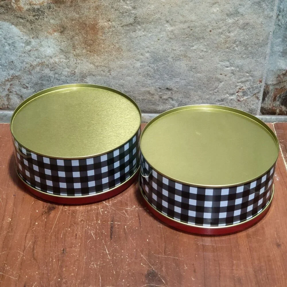 Two Noel Farms Round Christmas Cookie Candy Tins with Lids